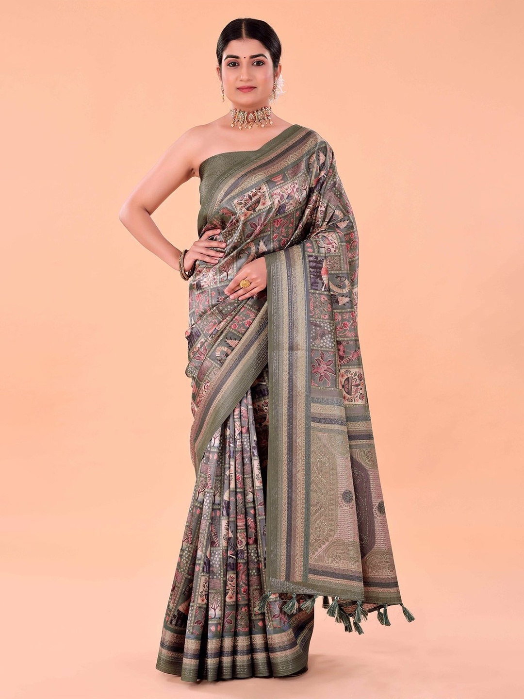 

NAAREE COLLECTION Ethnic Motifs Printed Ready to Wear Saree, Green