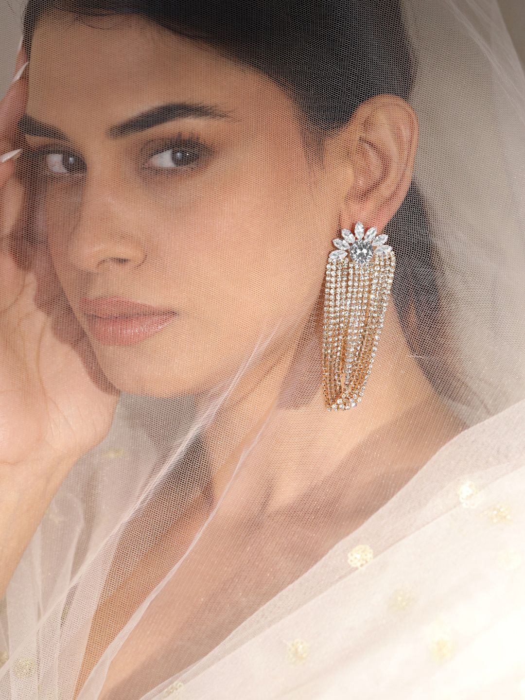 

Rubans 18K Gold-Plated Crystal Stone Studded Floral Shaped Drop Earrings