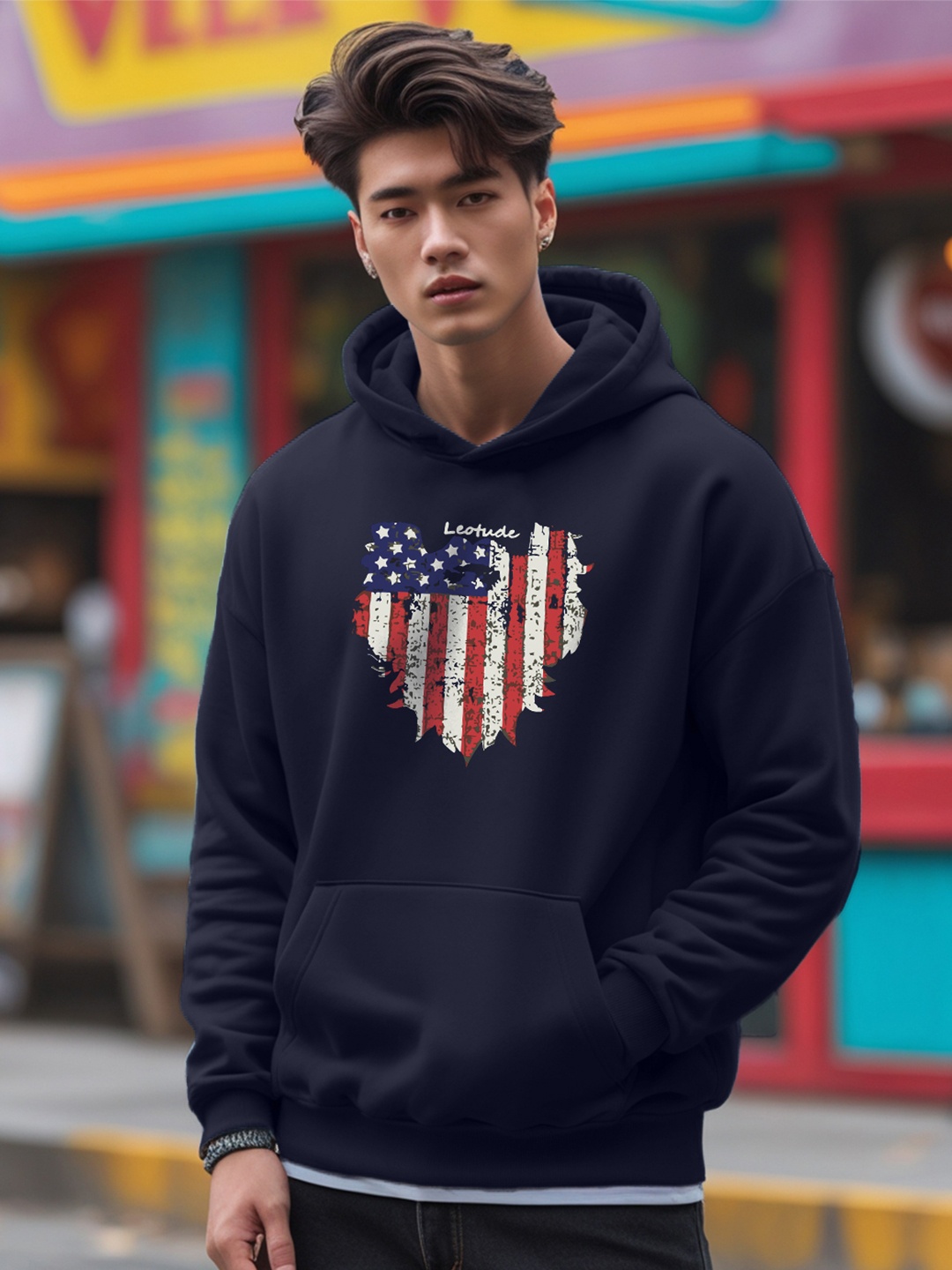 

Leotude Men Printed Hooded Pullover Cotton Sweatshirt, Navy blue