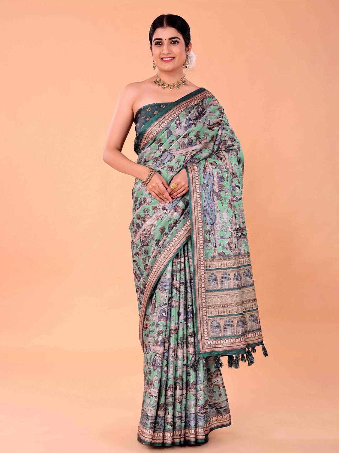 

NAAREE COLLECTION Floral Printed Ready to Wear Saree, Green