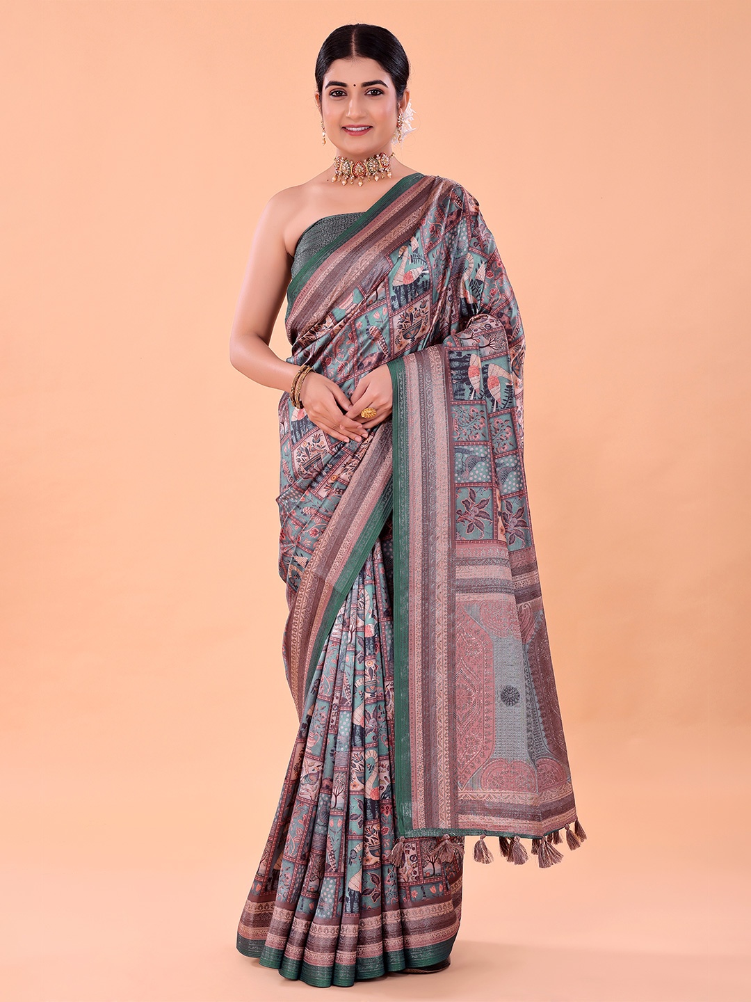 

NAAREE COLLECTION Ethnic Motifs Printed Satin Ready to Wear Saree, Green