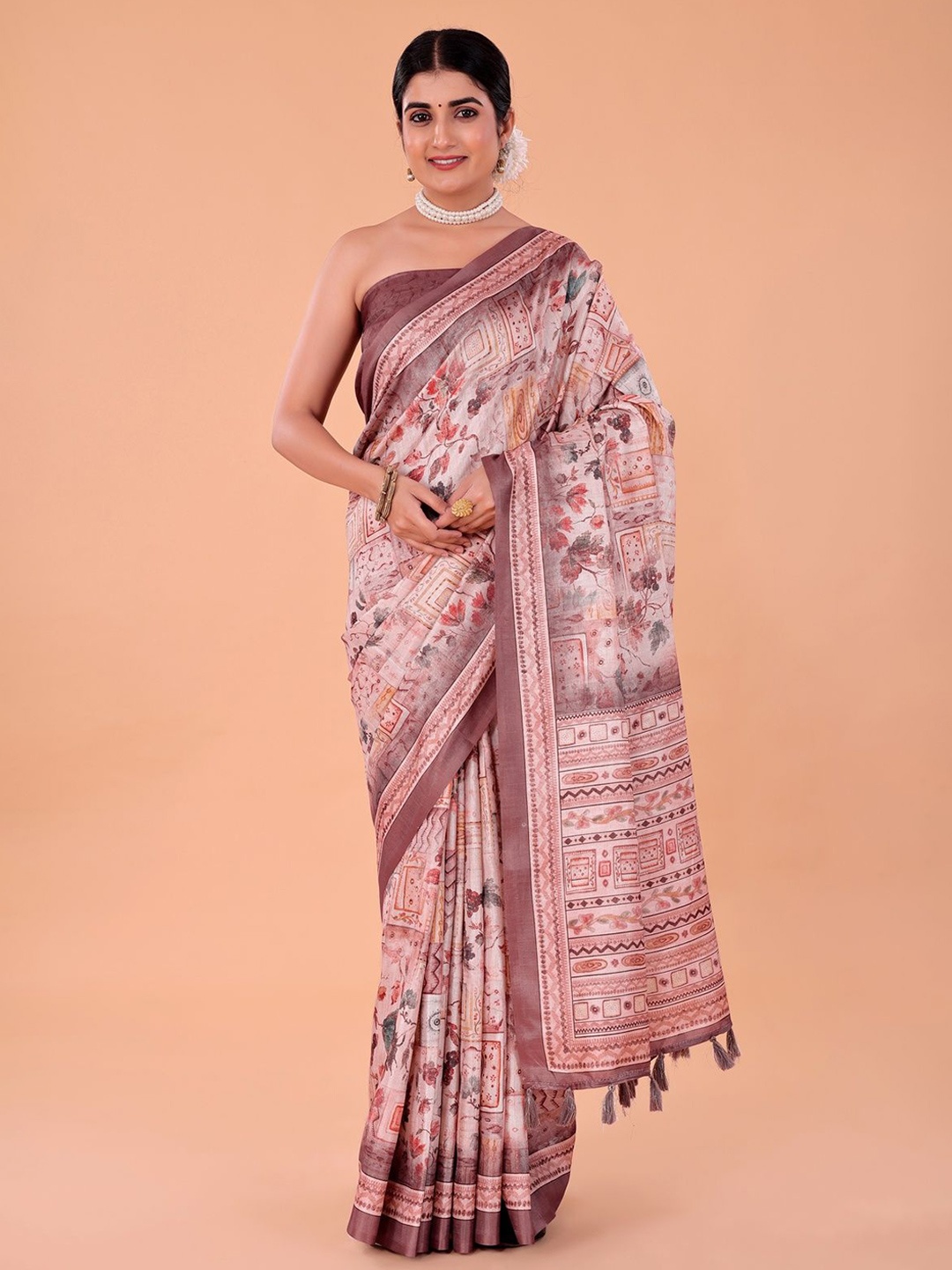 

NAAREE COLLECTION Floral Printed Satin Ready to Wear Saree, Brown