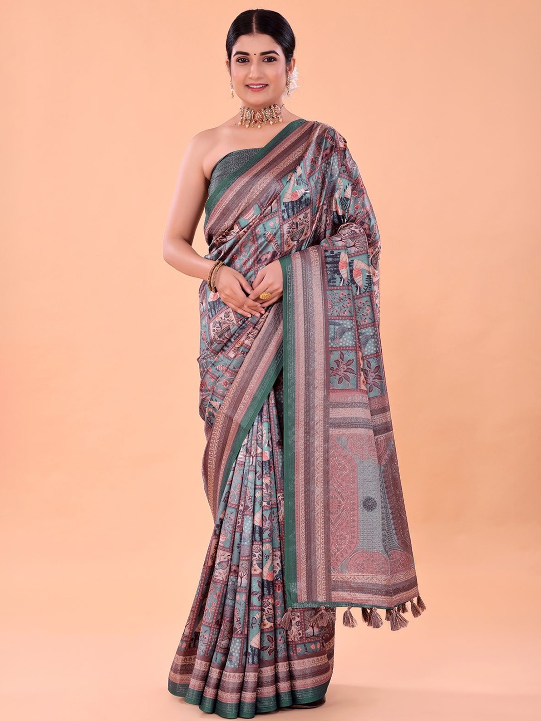 

NAAREE COLLECTION Ethnic Motifs Printed Satin Ready to Wear Saree, Green