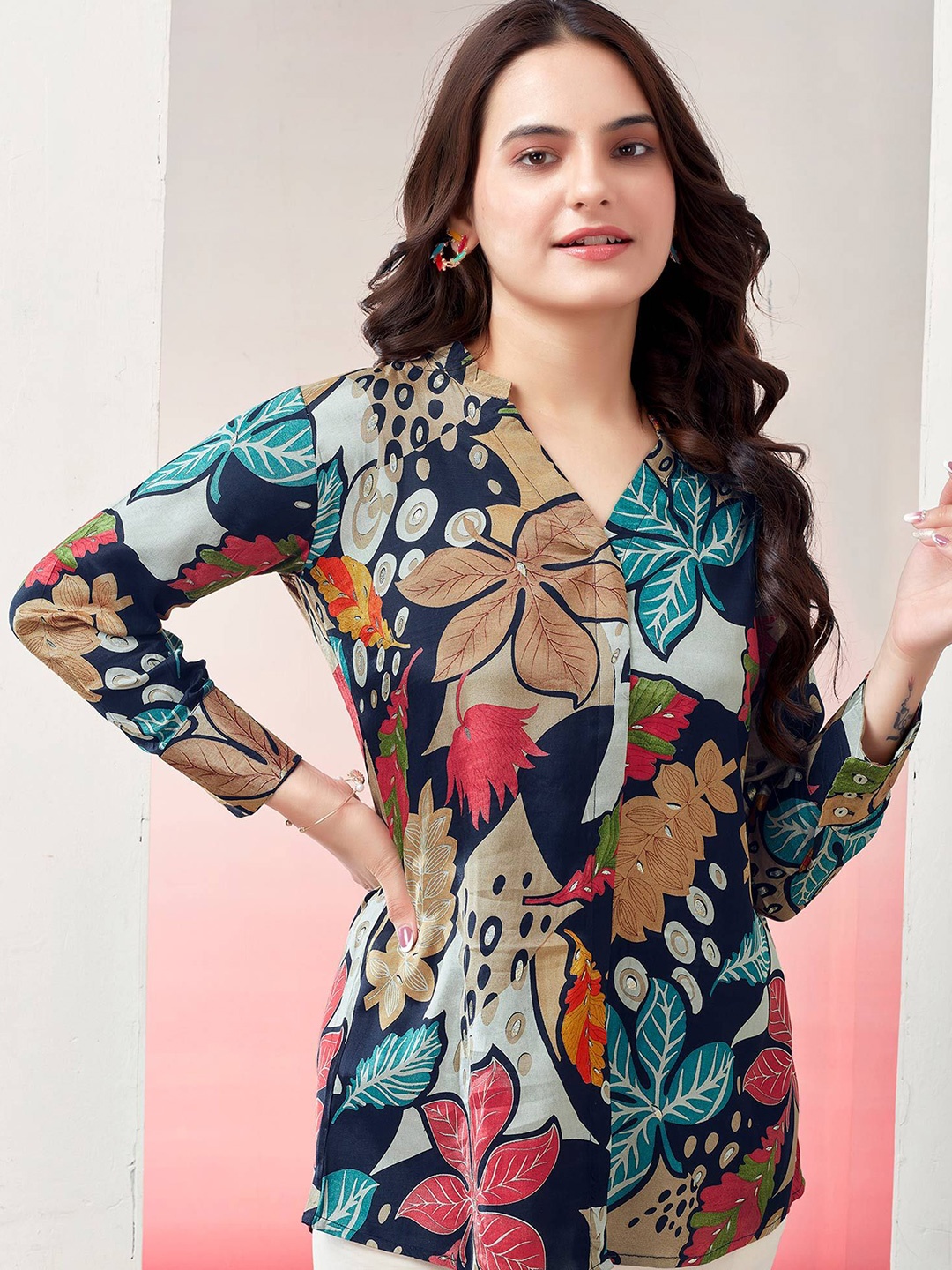 

Peachmode Women Floral Printed Cotton Top, Navy blue