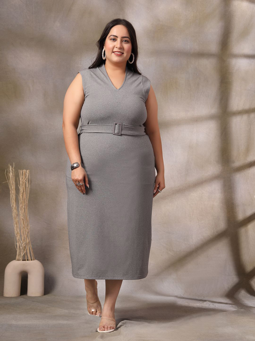 

CURVE BY KASSUALLY Women V-Neck Pure Cotton Plus Size Sheath Midi Dress, Grey