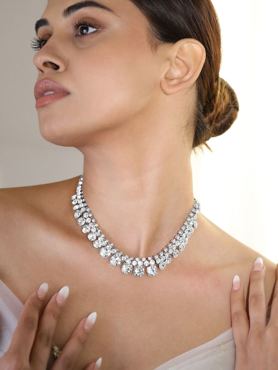 

Rubans Rhodium-Plated Teardrop Crystal Stone Studded Necklace, Silver