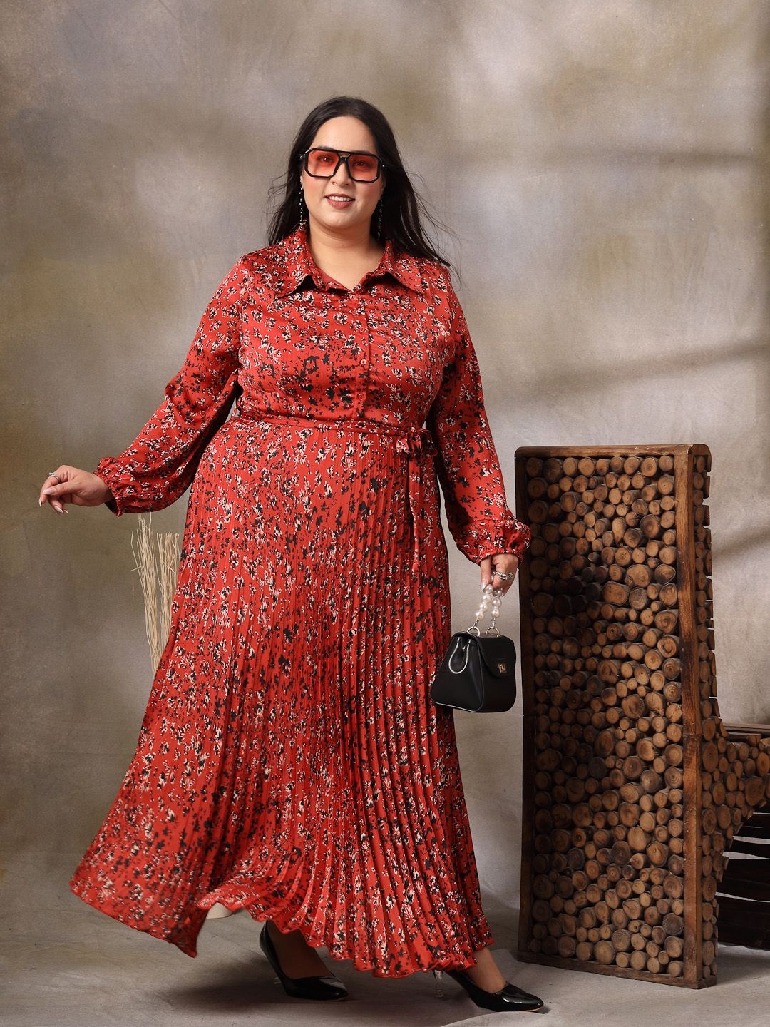 

CURVE BY KASSUALLY Women Plus Size Floral Printed Fit & Flare Maxi Dress, Rust