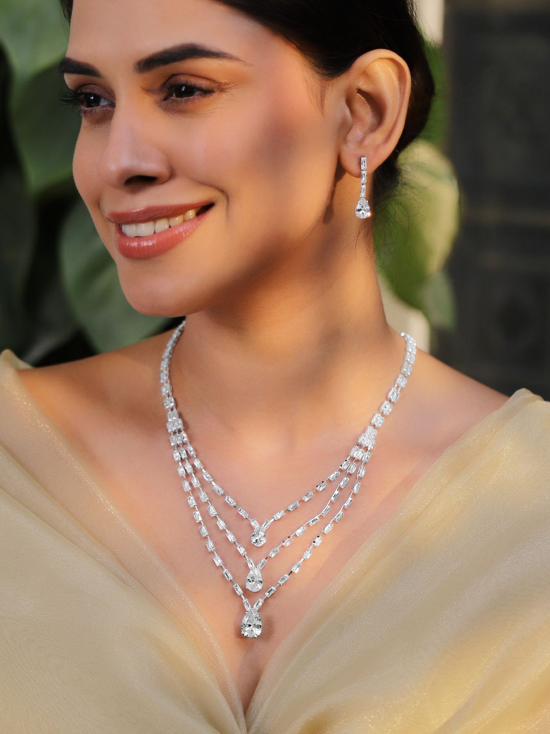 

Rubans Rhodium Plated Crystal-Studded Layered Jewellery Set, Silver