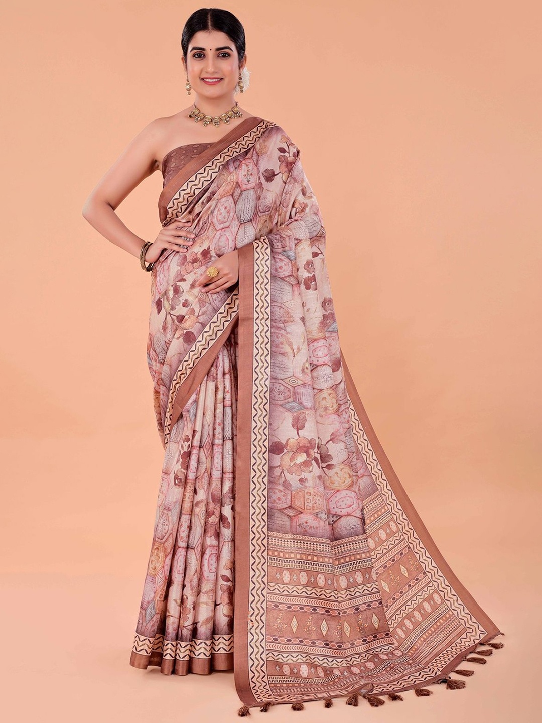 

NAAREE COLLECTION Floral Printed Satin Ready to Wear Saree, Brown