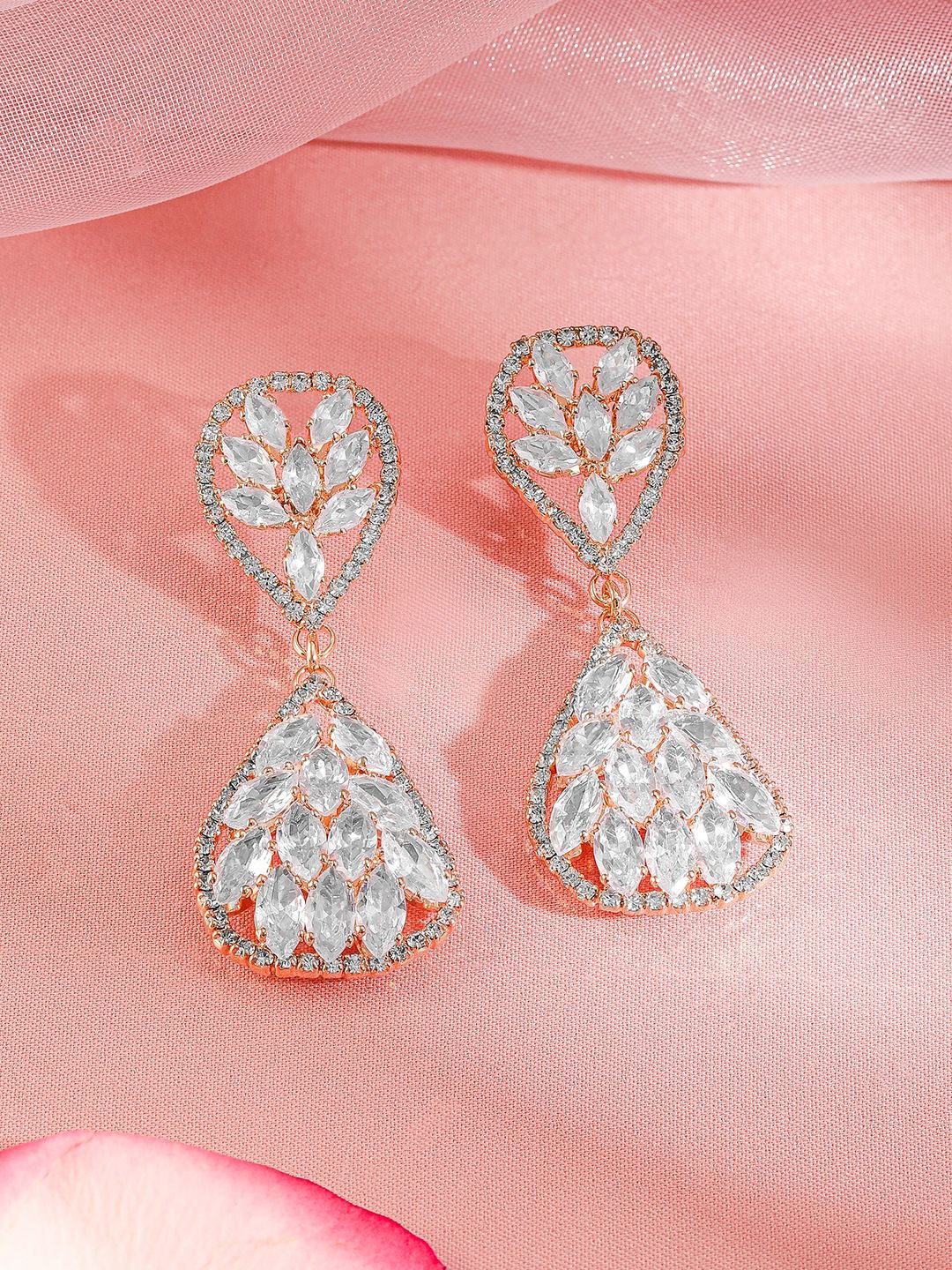 

Rubans 18K Gold-Plated Brass Crystals Studded Teardrop Shaped Drop Earrings