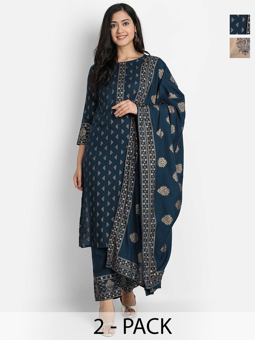 

KALINI Selection Of 2 Ethnic Motifs Printed Kurtas With Trousers And Dupattas, Navy blue