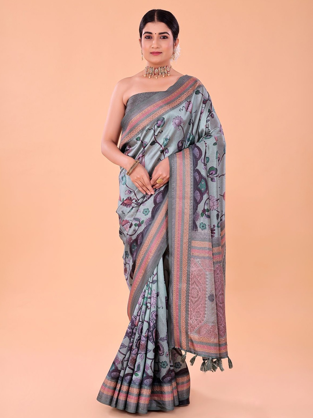 

NAAREE COLLECTION Ethnic Motifs Printed Satin Ready to Wear Saree, Blue