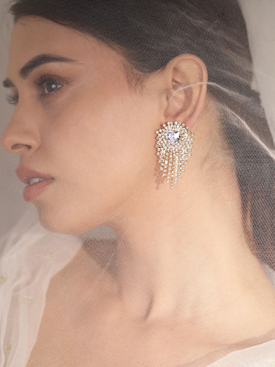 

Rubans 18K Gold-Plated Crystals Studded Heart Shaped Drop Earrings