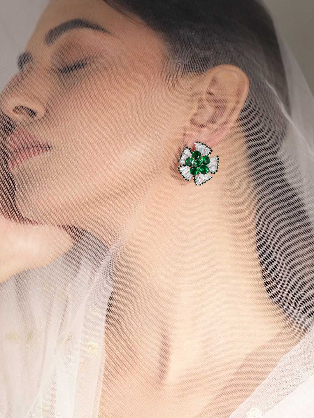 

Rubans Rhodium-Plated Brass Emerald and Crystal Studded Floral Studs, Silver