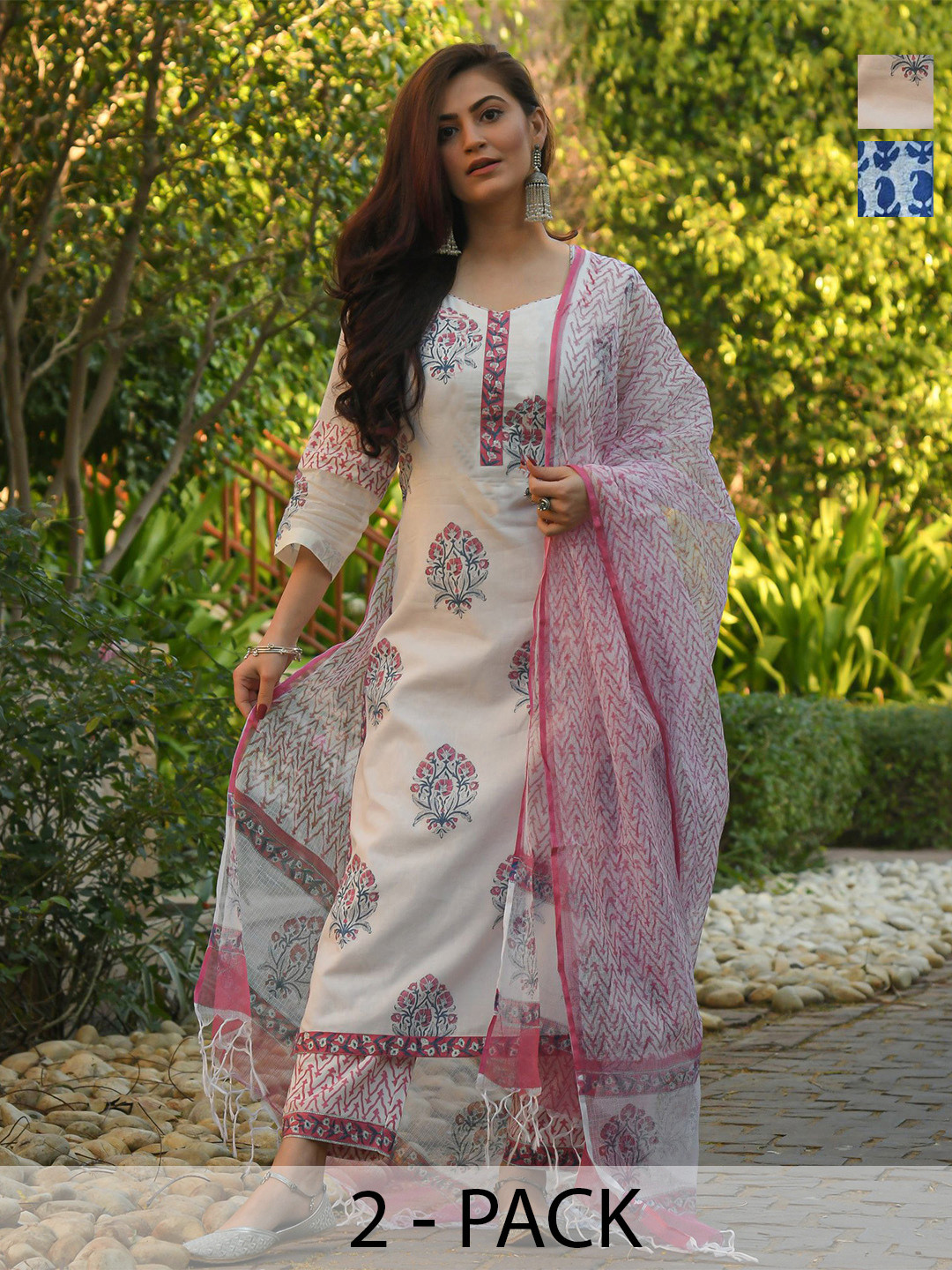 

KALINI Selection Of 2 Ethnic Motifs Printed Straight Kurta With Trousers And Dupatta, White
