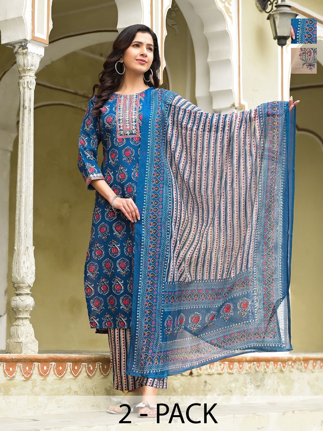 

KALINI Selection Of 2 Ethnic Motifs Printed Straight Kurta With Trousers And Dupatta, White