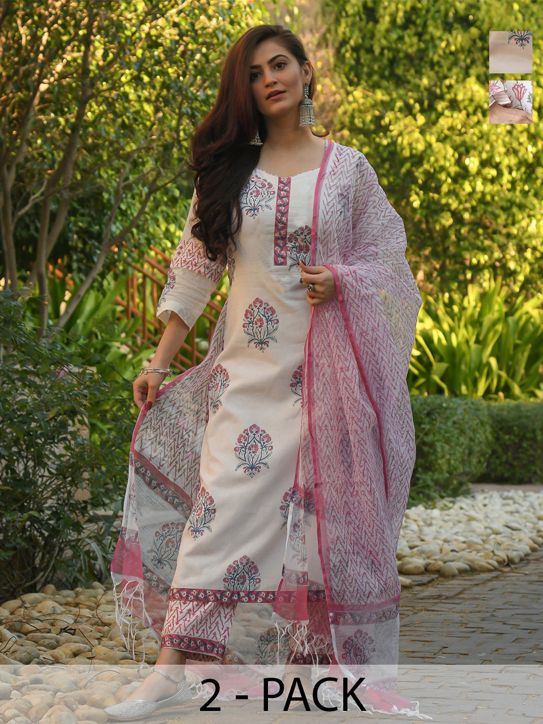 

KALINI Selection Of 2 Floral Printed Regular Kurta With Trousers And Dupatta, White