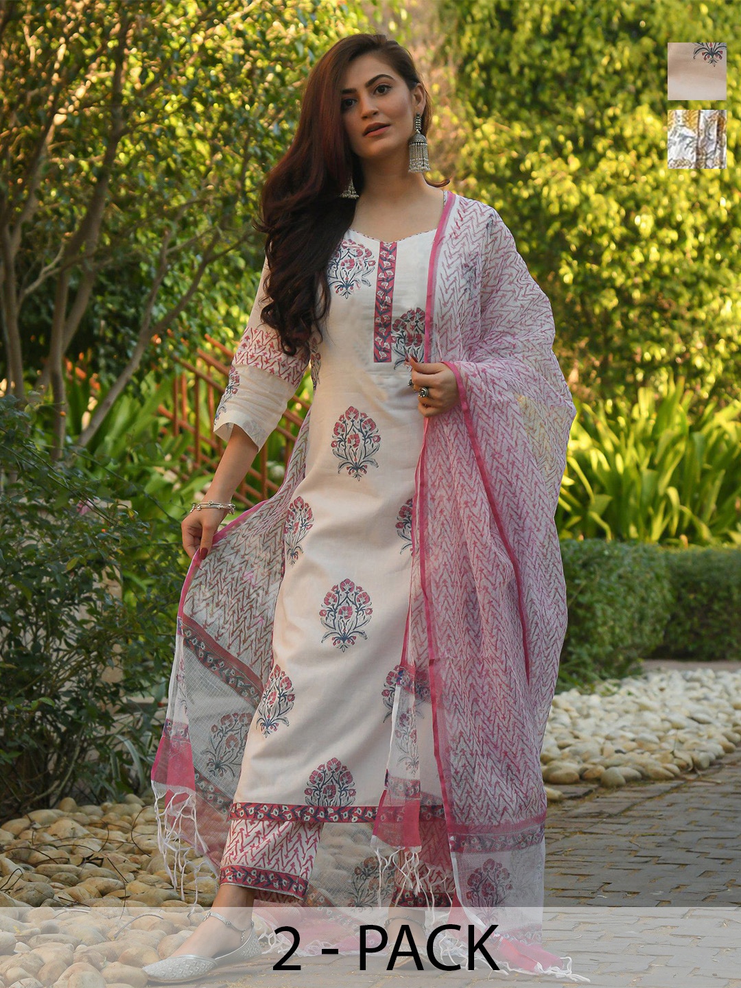 

KALINI Selection Of 2 Floral Printed Straight Kurta With Trousers And Dupatta, White