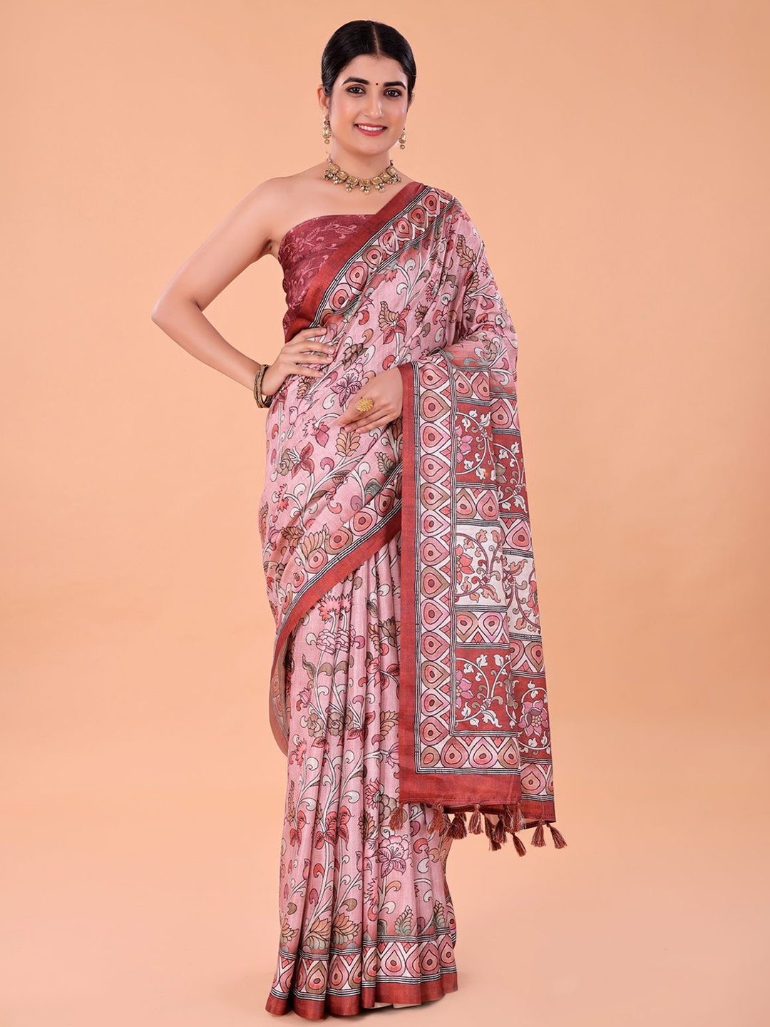 

NAAREE COLLECTION Ethnic Motifs Printed Satin Saree, Pink