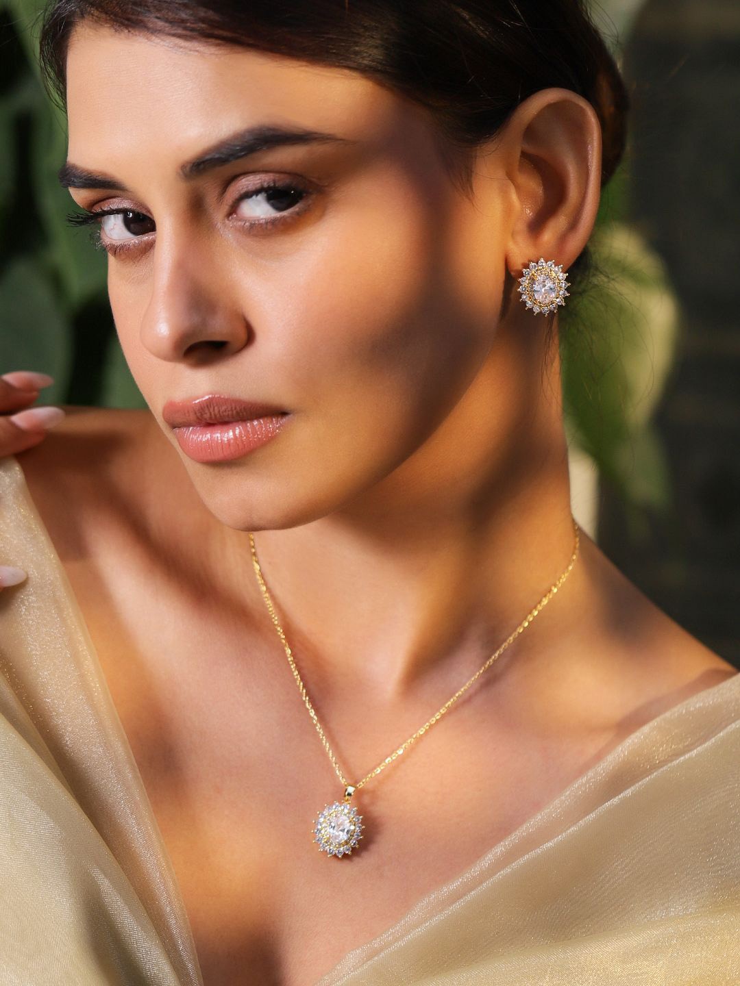 

Rubans 18K Gold-Plated Crystal Cubic Zirconia Studded Pendant Necklace and Stud Earrings
