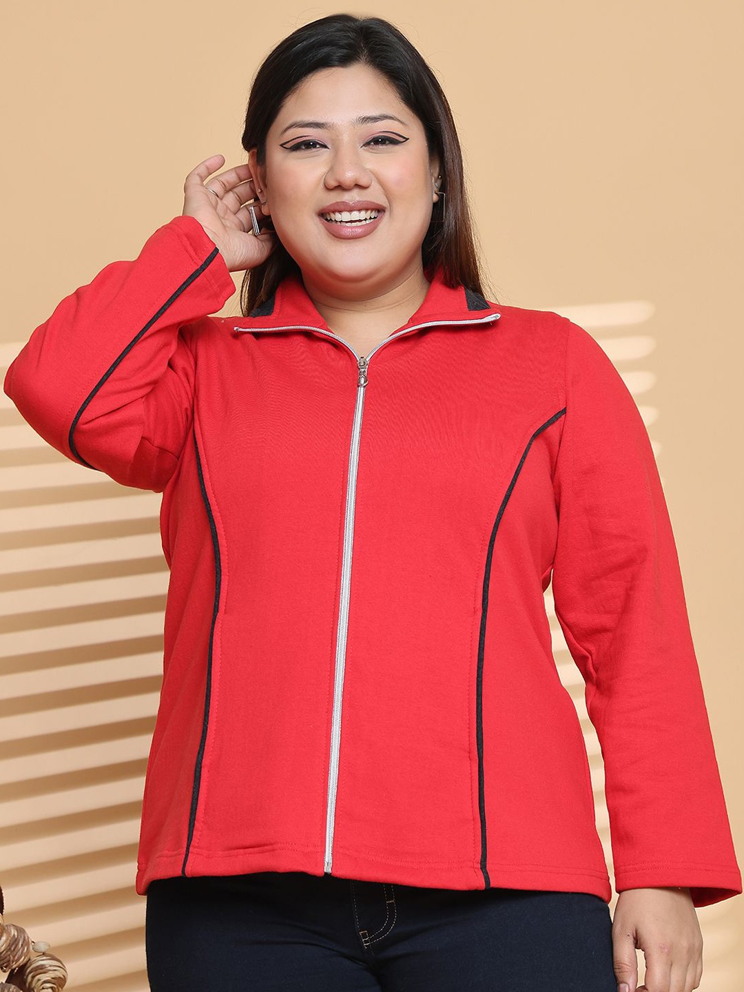 

theRebelinme Women Plus Size Mock Collar Striped Fleece Casual Bomber Jacket, Red