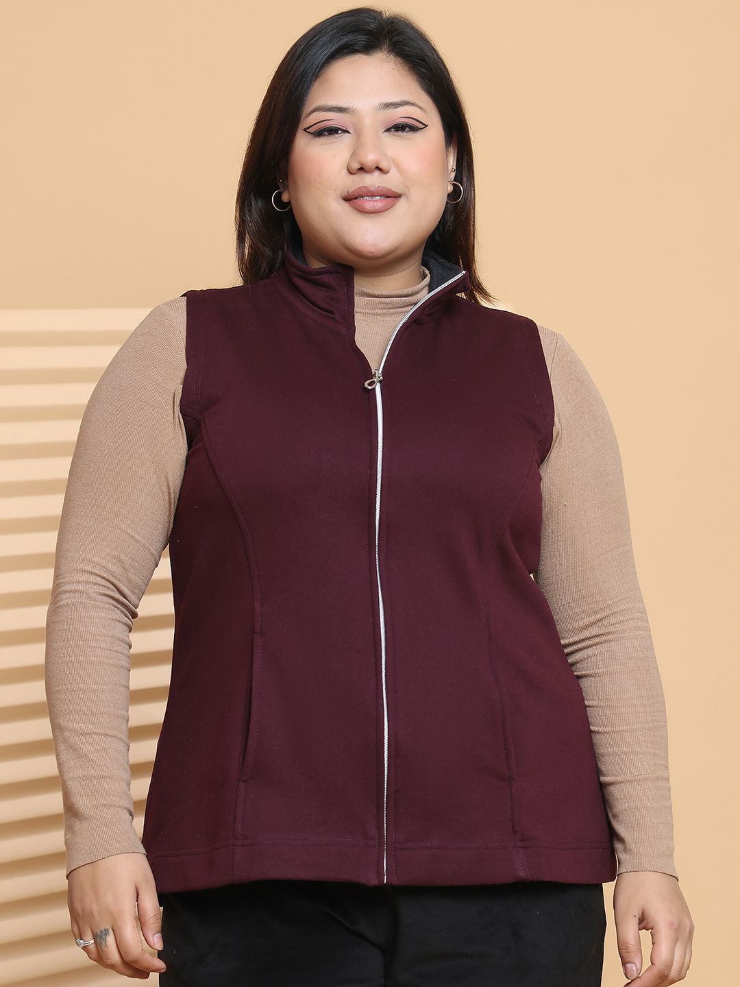 

theRebelinme Women Plus Size Mock Collar Solid Fleece Casual Gilet Jacket, Burgundy