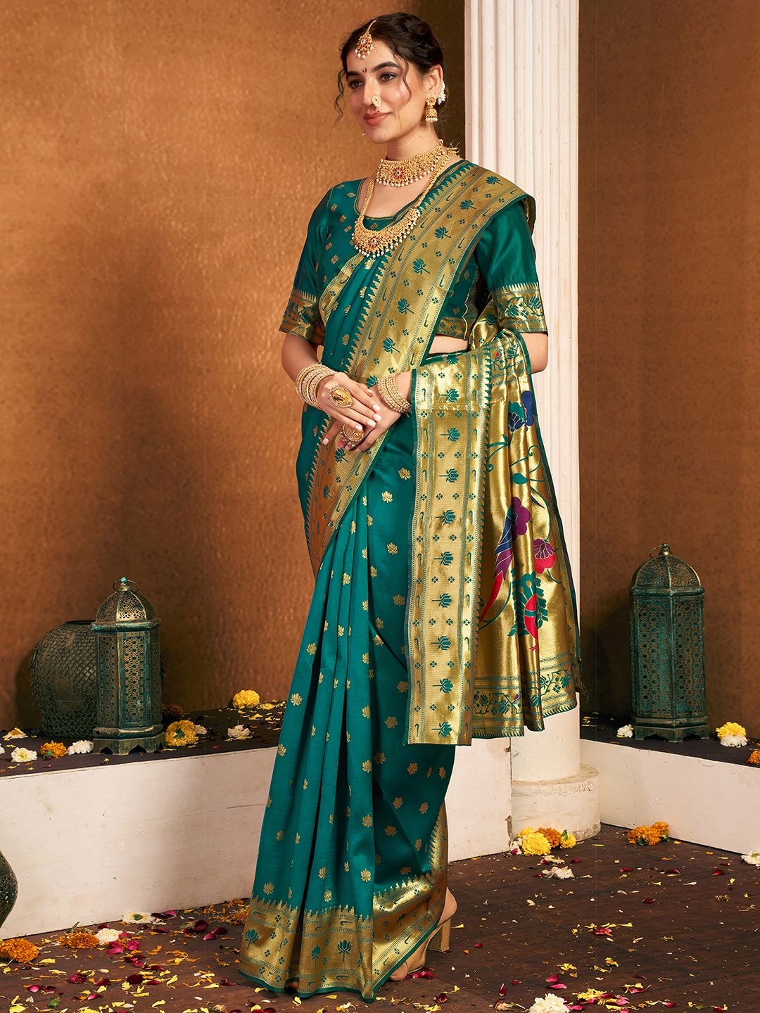 

KALINI Woven Design Ethnic Motifs Zari Paithani Saree, Green