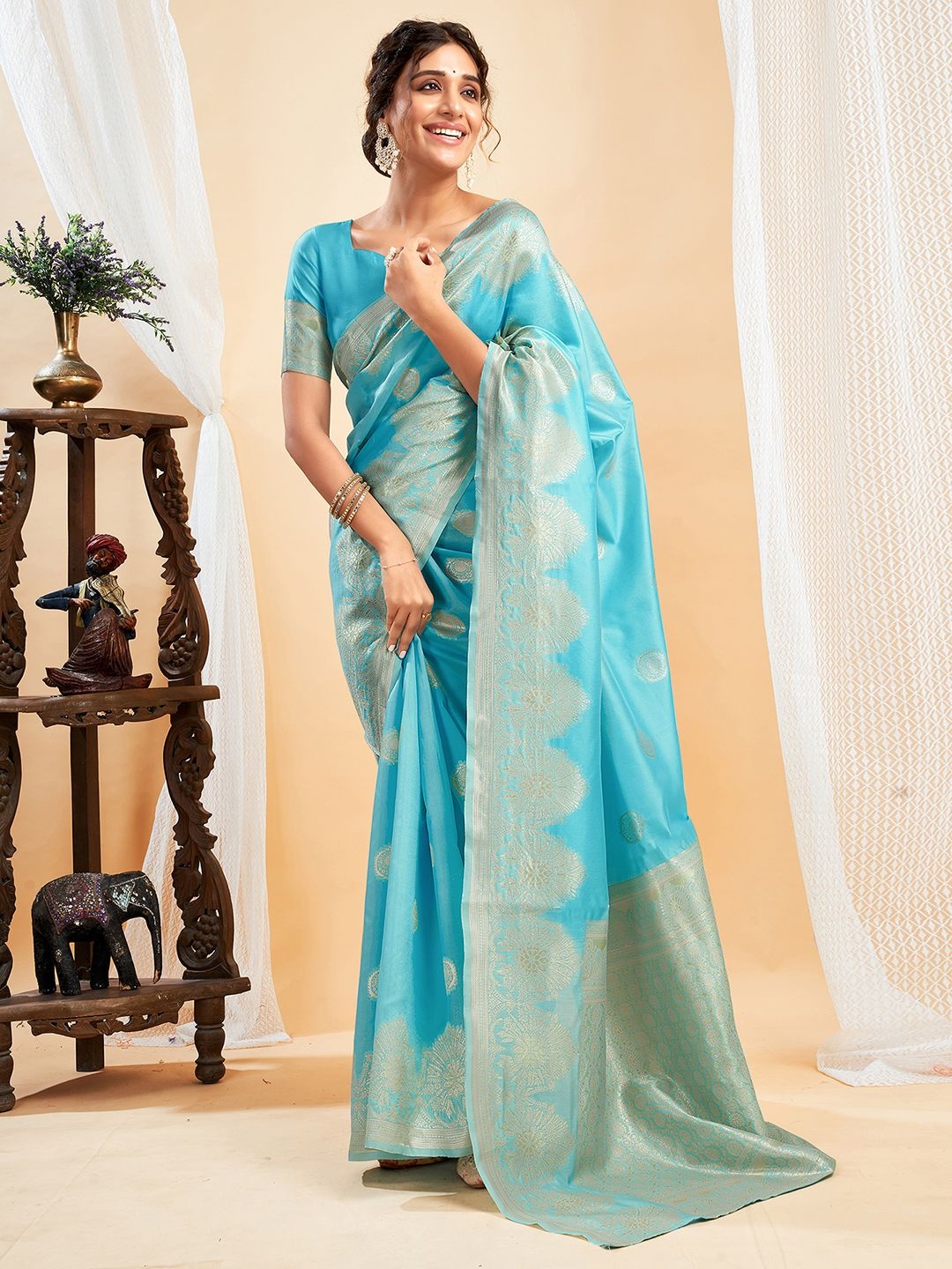 

KALINI Ethnic Motifs Woven Design Zari Banarasi Saree, Blue
