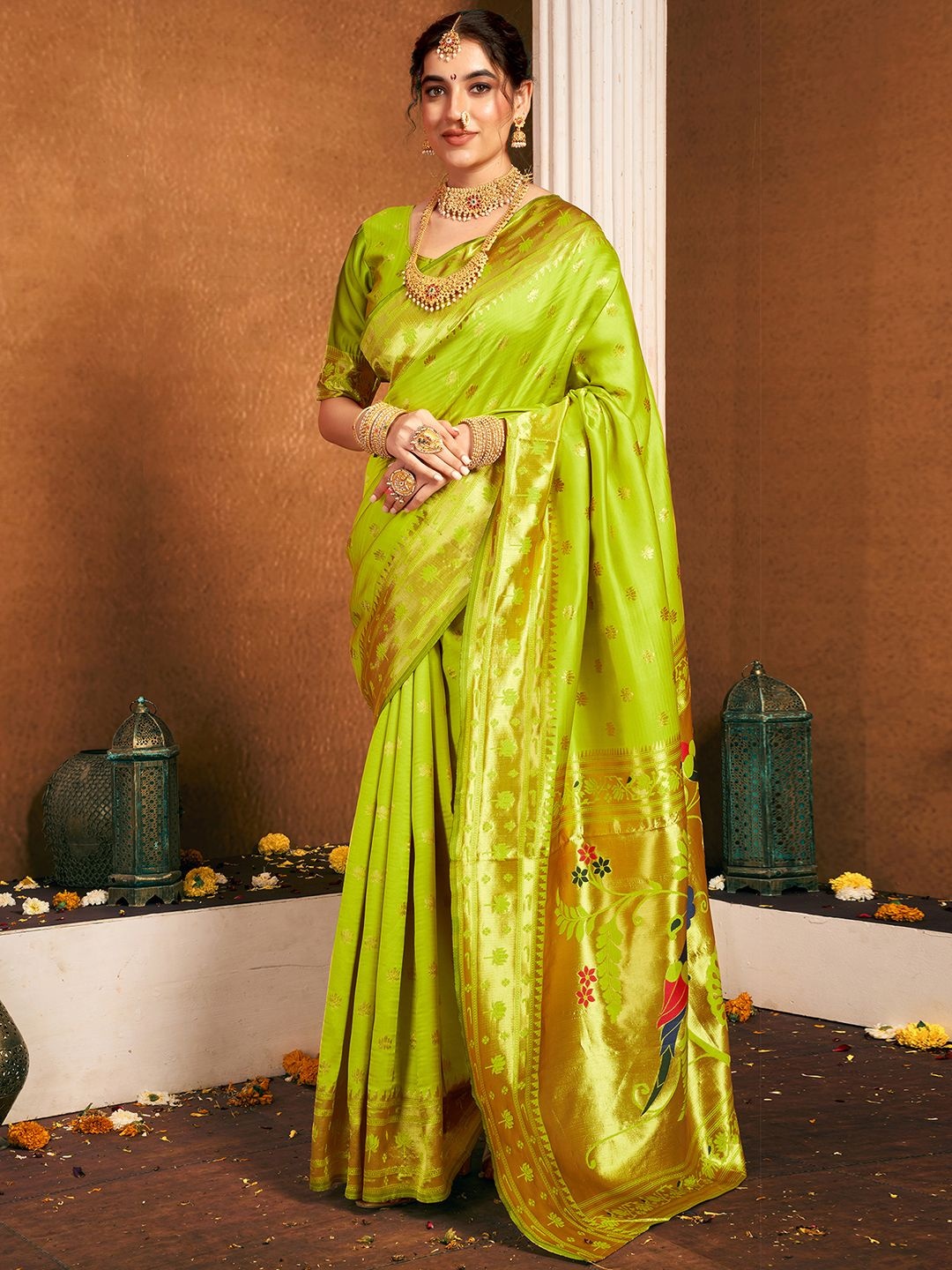 

KALINI Woven Design Ethnic Motifs Zari Paithani Saree, Lime green