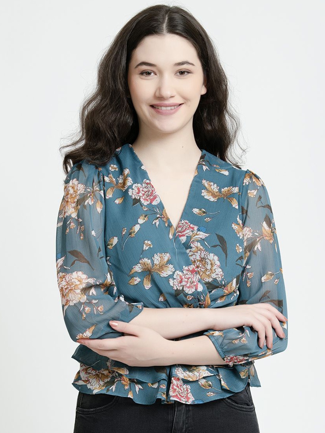 

June 9 Clothing Women V-Neck Printed Puff Sleeves Wrap Top, Teal