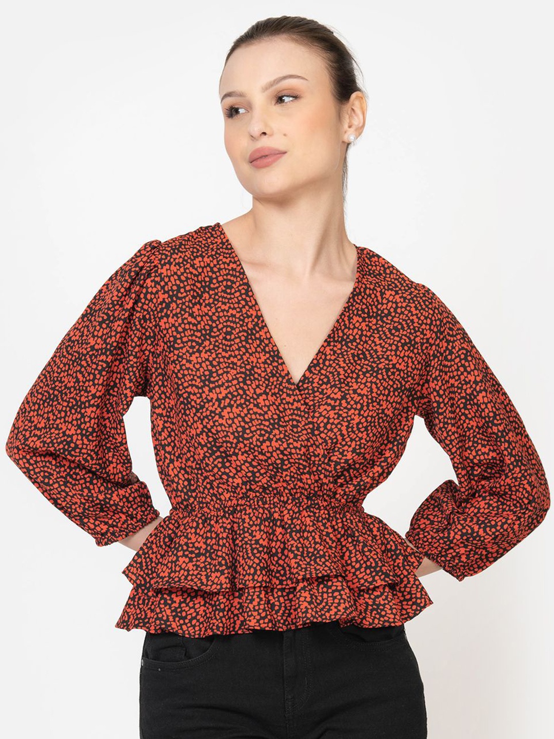 

June 9 Clothing Women V-Neck Printed Puff Sleeves Wrap Top, Maroon