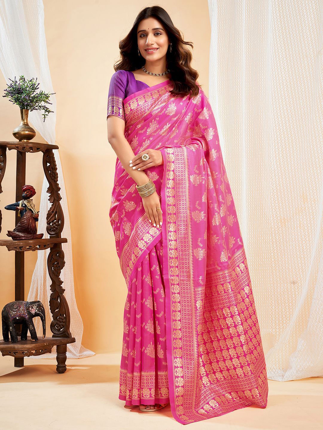 

KALINI Woven Design Banarasi Saree With Blouse Piece, Pink