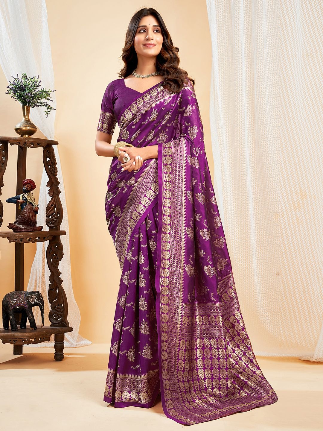

KALINI Ethnic Motifs Woven Design Zari Banarasi Saree, Purple