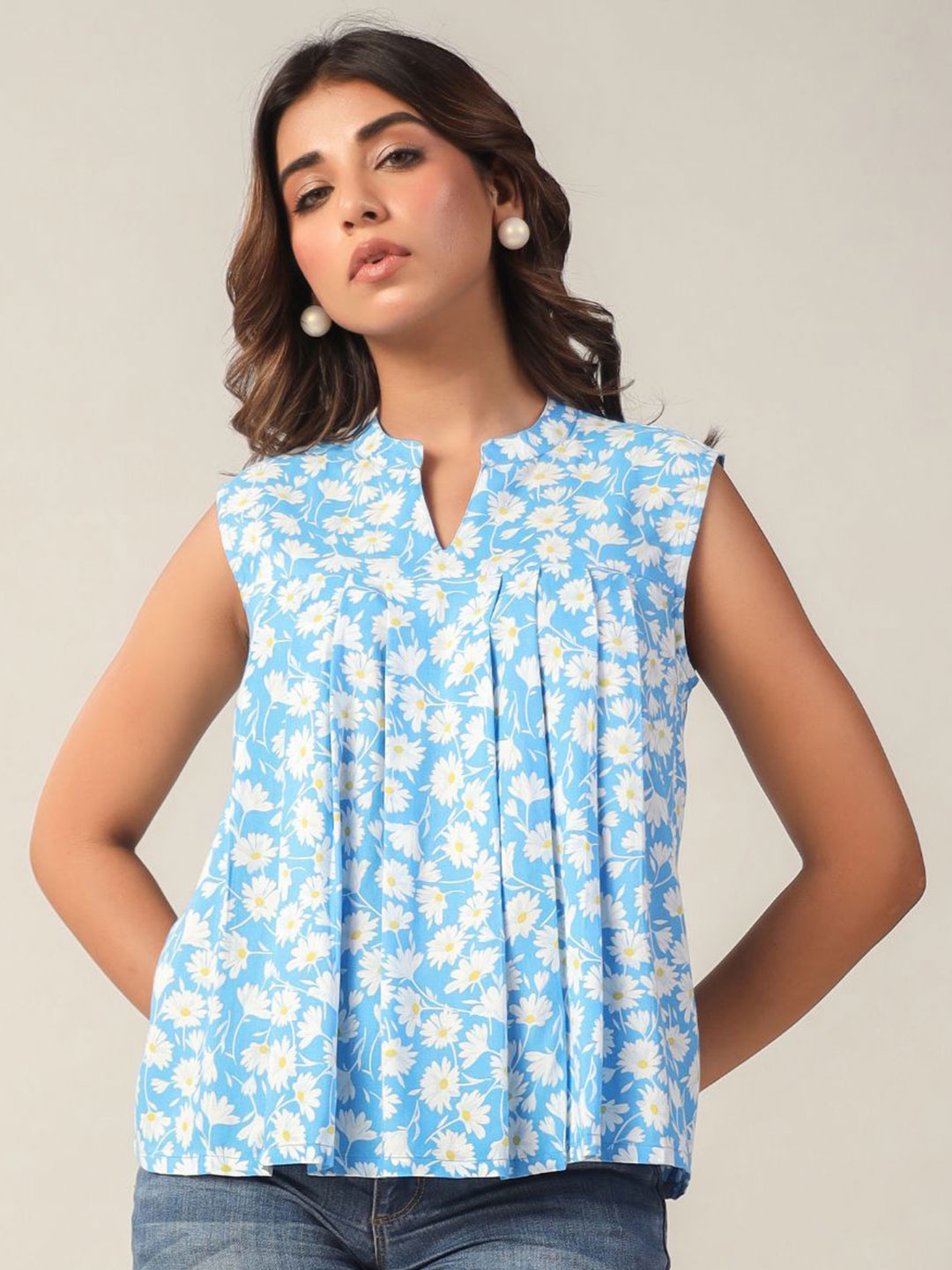 

June 9 Clothing Women Floral Printed A-Line Top, Turquoise blue