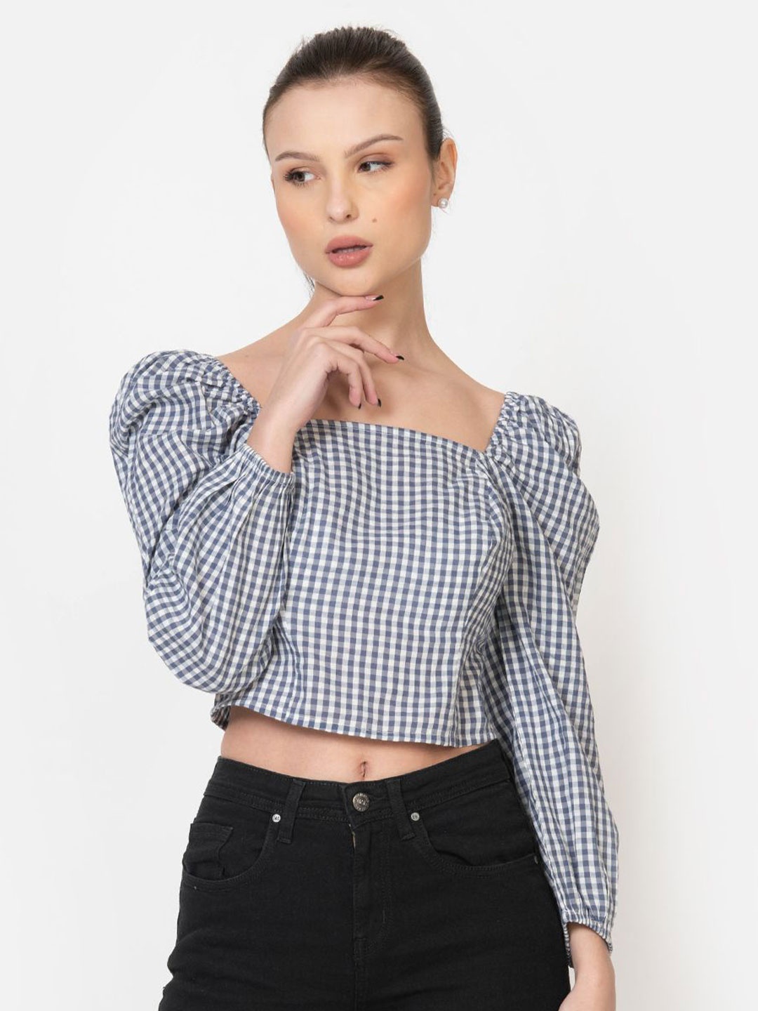 

June 9 Clothing Women Checked Cotton Corset Top, Blue