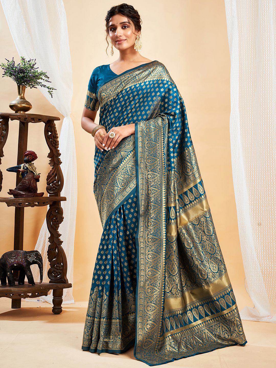 

KALINI Woven Design Banarasi Saree With Blouse Piece, Blue