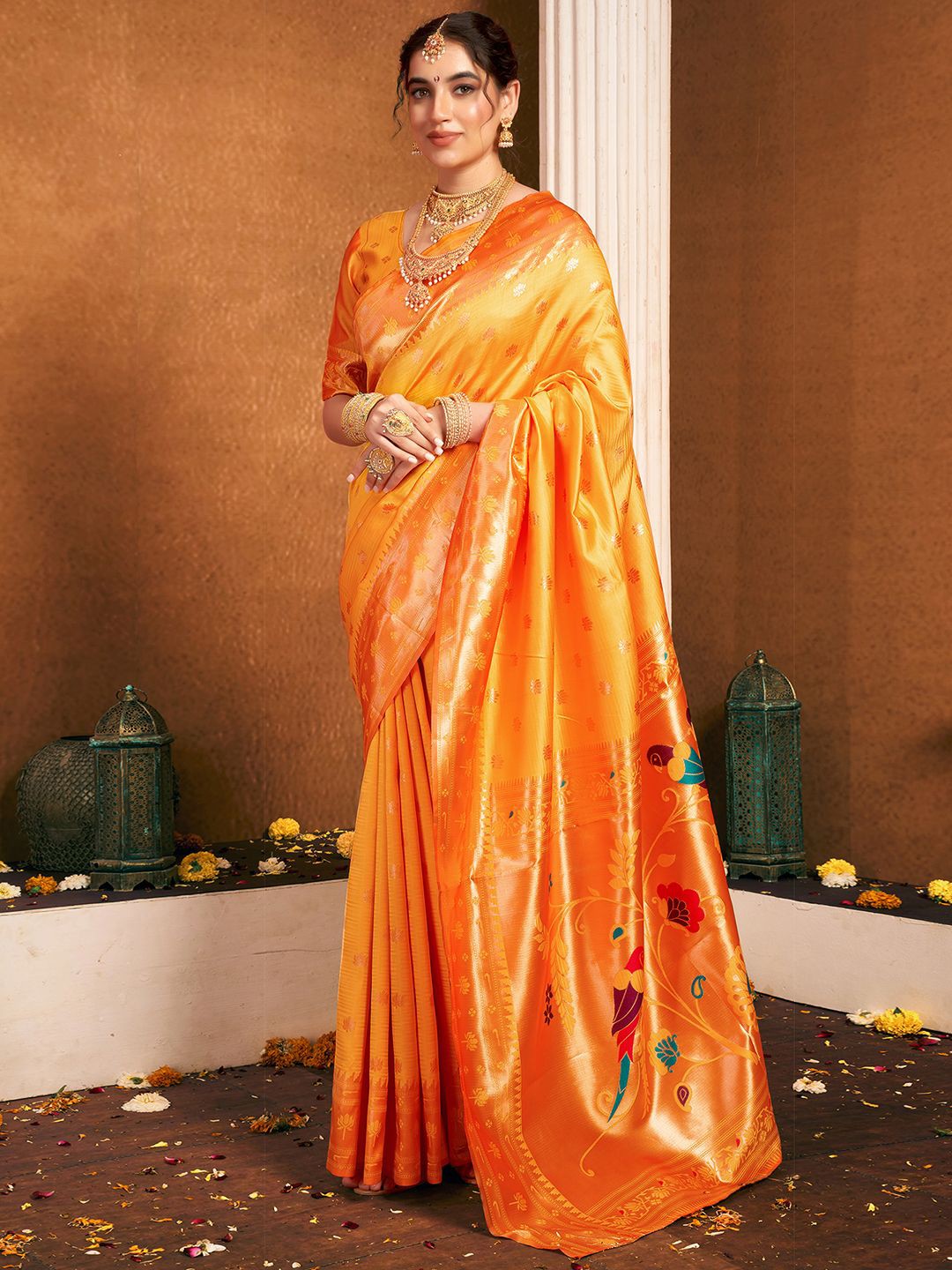 

KALINI Woven Design Zari Paithani Saree, Orange