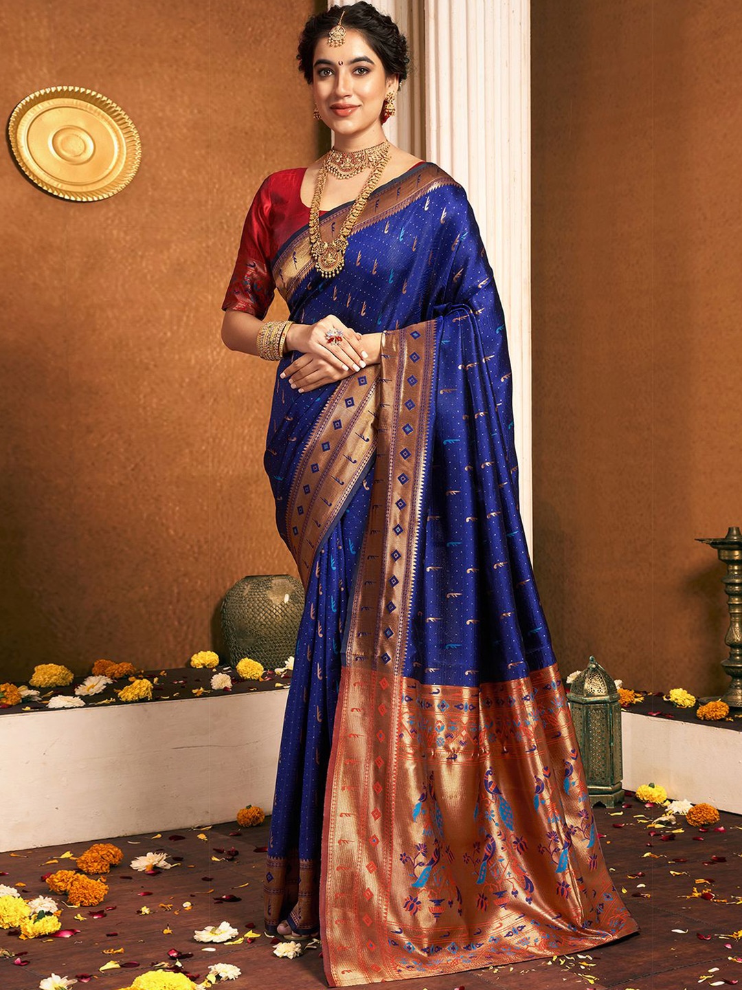 

KALINI Woven Design Paithani Saree With Blouse Piece, Blue