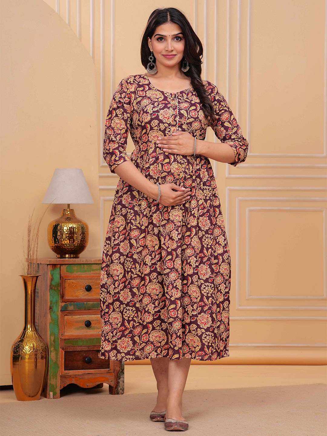 

Akshara Fashion Women Floral Printed Maternity Fit and Flare Midi Dress, Brown