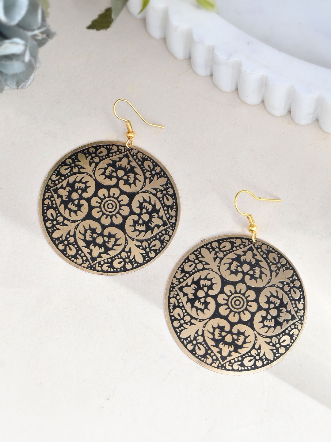 

Silvermerc Designs Rhodium-Plated Floral Pattern Circular Drop Earrings, Gold