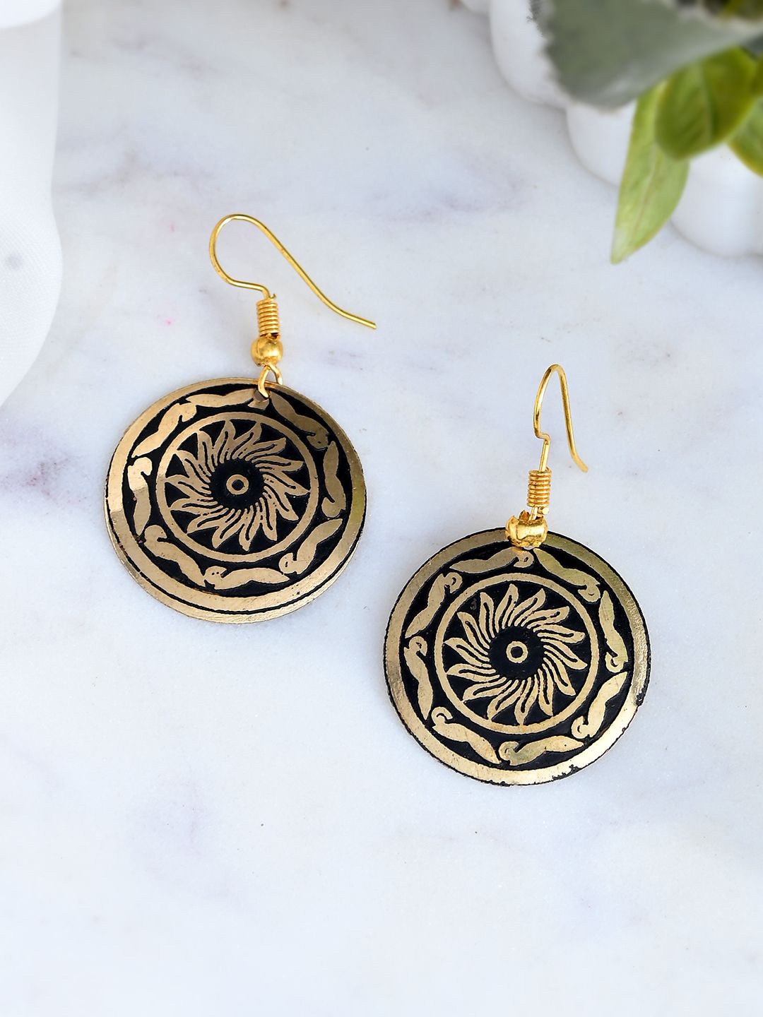 

Silvermerc Designs Gold Plated Sunflower Pattern Circular Drop Earrings