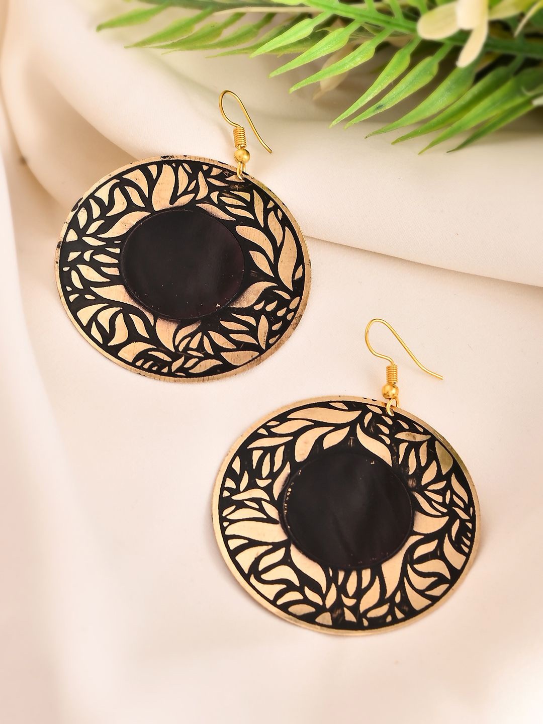 

Silvermerc Designs Rhodium Plated Circular Shaped Lef Pattern Drop Earrings, Gold