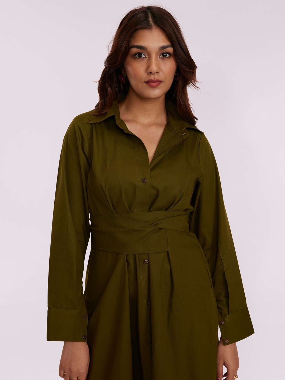 

POPPI Women Olive Green Mini Cotton Shirt Dress