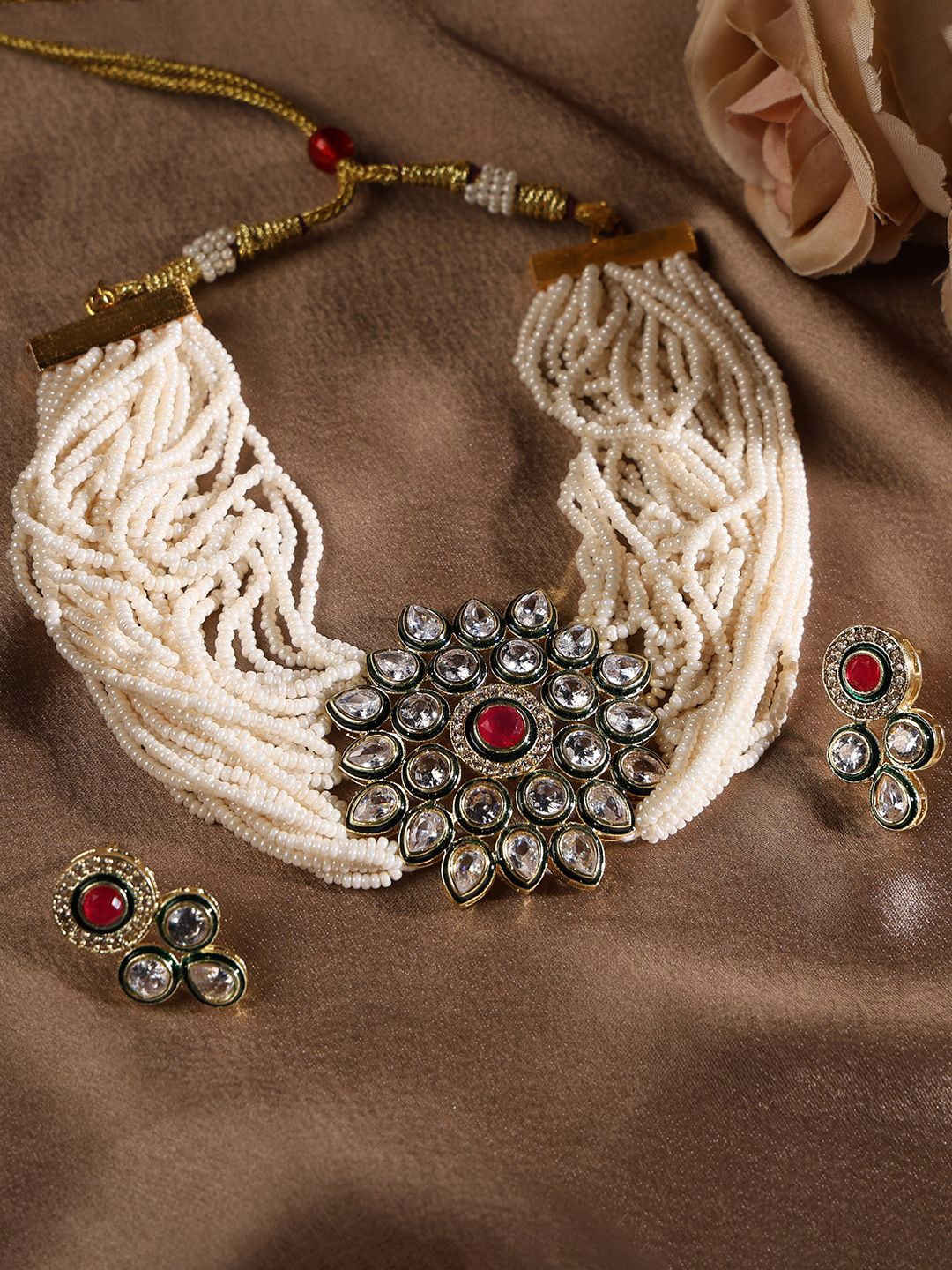 

PATOLA BY VJ Gold-Plated Artificial Stones and Beads Stones-Studded & Beaded Jewellery Set