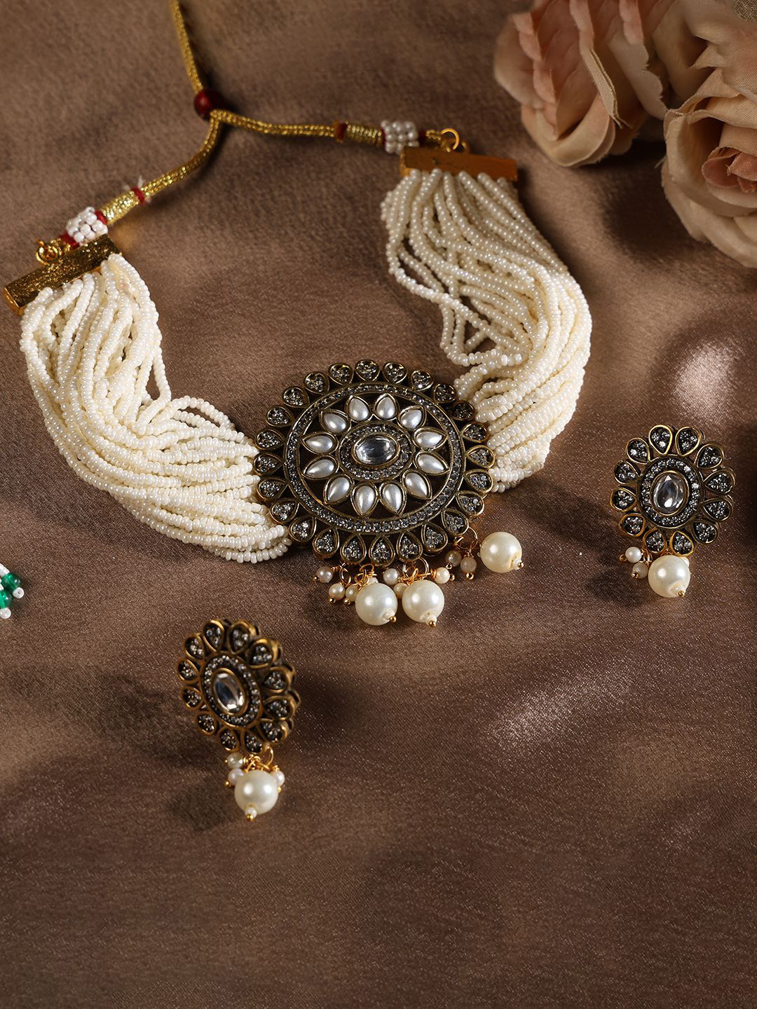 

PATOLA BY VJ Gold-Plated Artificial Stones and Beads Studded & Beaded Jewellery Set