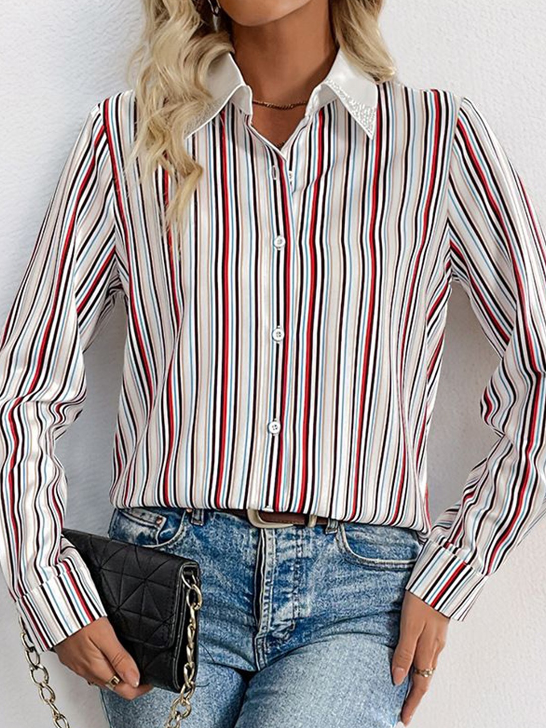 

StyleCast Women Spread Collar Vertical Striped Casual Shirt, White