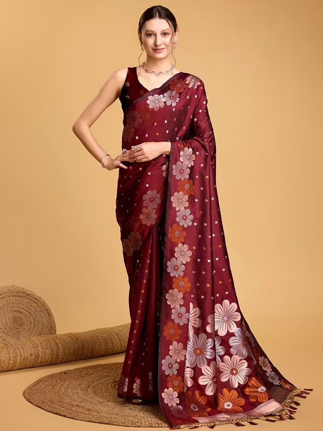 

SANJANA SILK Floral Woven Design Zari Kanjeevaram Saree, Maroon