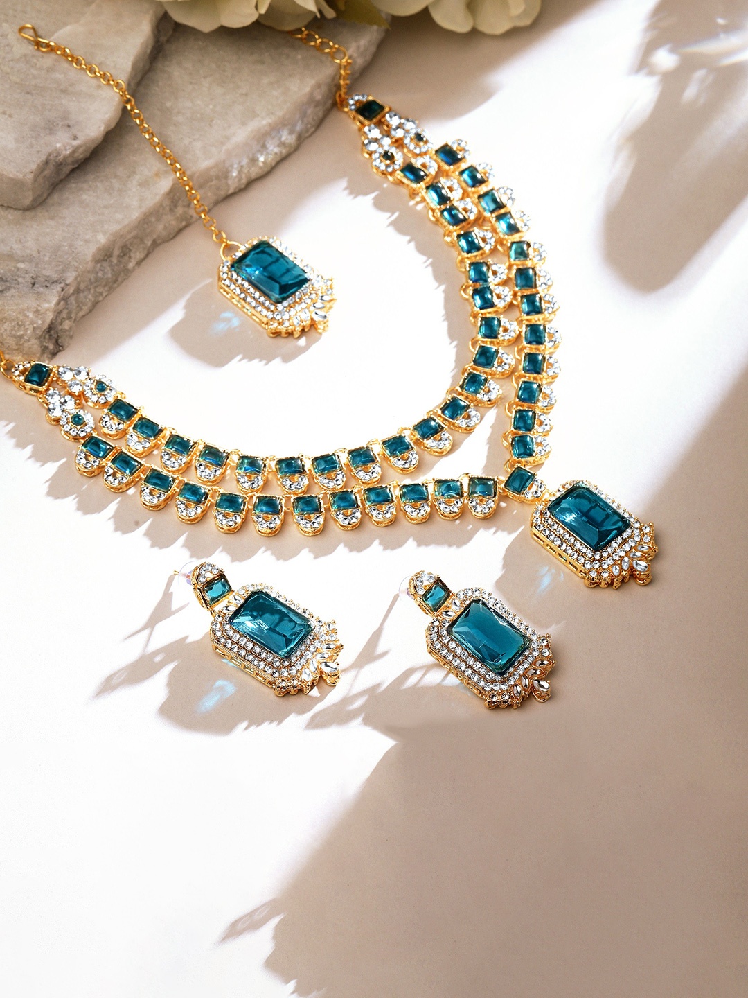 

Atasi International Gold Plated AD Stone Studded Necklace & Earrings Maang Tika