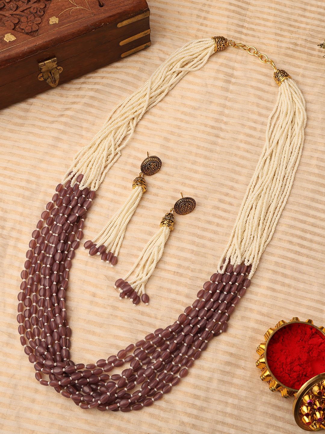 

PATOLA BY VJ Gold-Plated Artificial Beads Beaded Jewellery Set