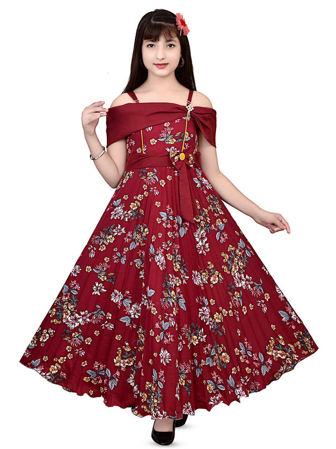 AJIZA GARMENTS Girls Floral Print Applique Crepe A-Line Maxi Dress, Maroon